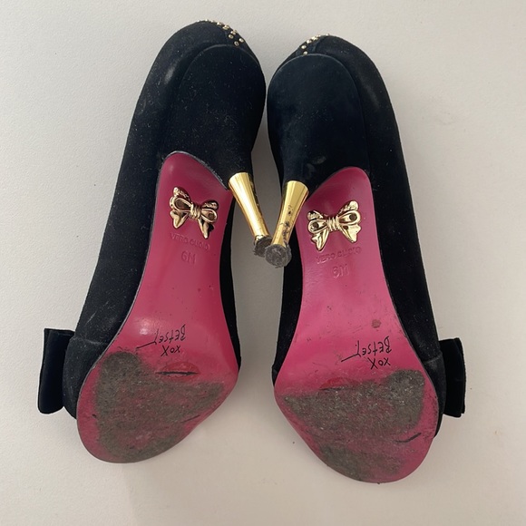 Betsey Johnson black suede gold studded bow tie heels - Picture 7 of 7